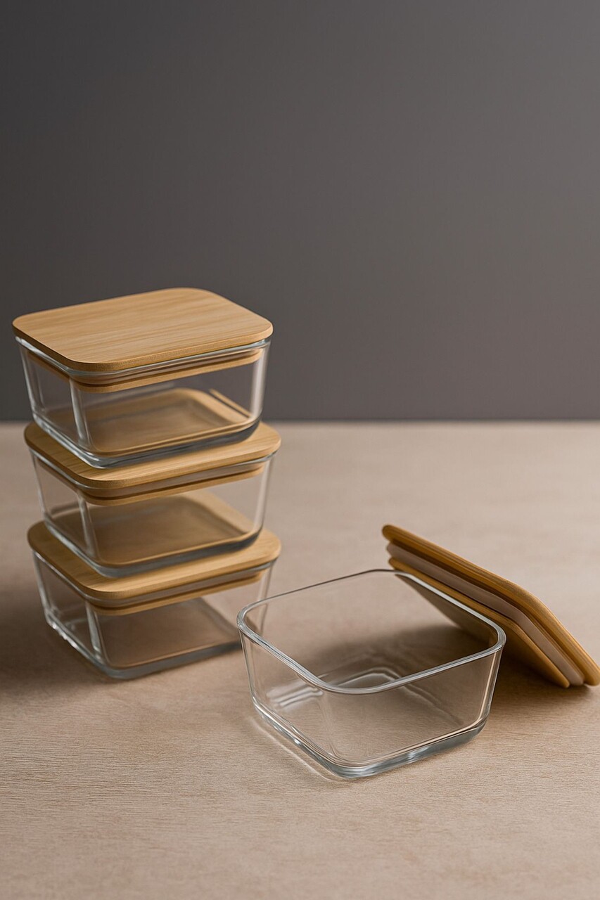 Set recipiente depozitare, Hermia, 409PBH1419, Capac din bambus: (4 bucăți), Transparent