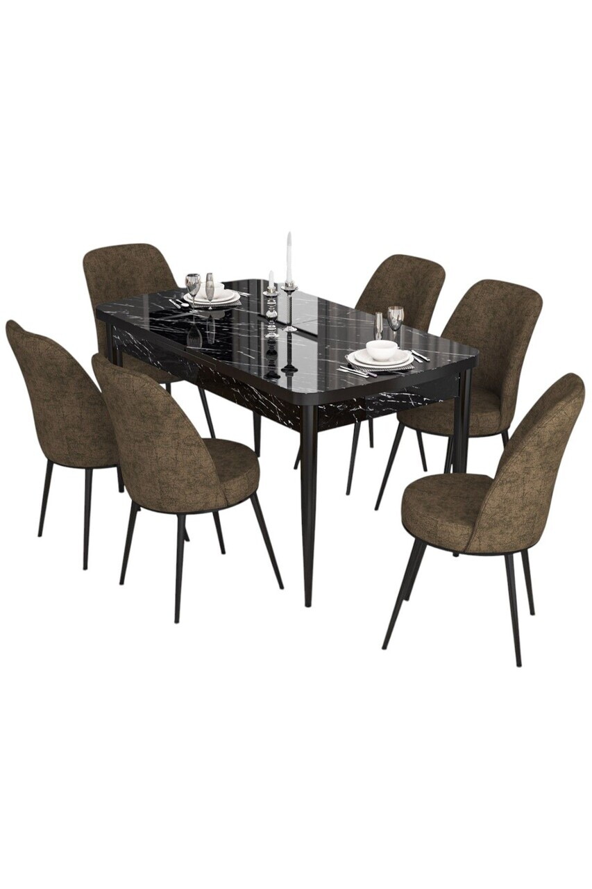 Set masa extensibila si scaune (7 piese), Hanah Home, Via, Model de marmură neagră / Maro — imaginea 2