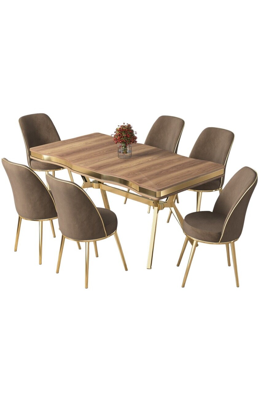 Set masa si scaune (7 piese), Hanah Home, Prah, Hazar / Aur / Cappuccino — imaginea 2