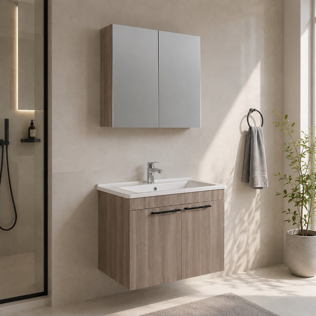Set Dulap de Baie cu Chiuvetă și Oglindă (2 Piese), Hanah Home, Snap 80, Mesteacăn musonic