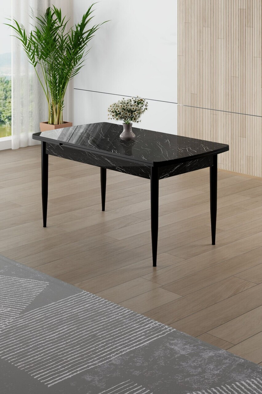 Masa extensibila, Hanah Home, Nola, 77x78x130 cm, Model de marmură neagră / Negru