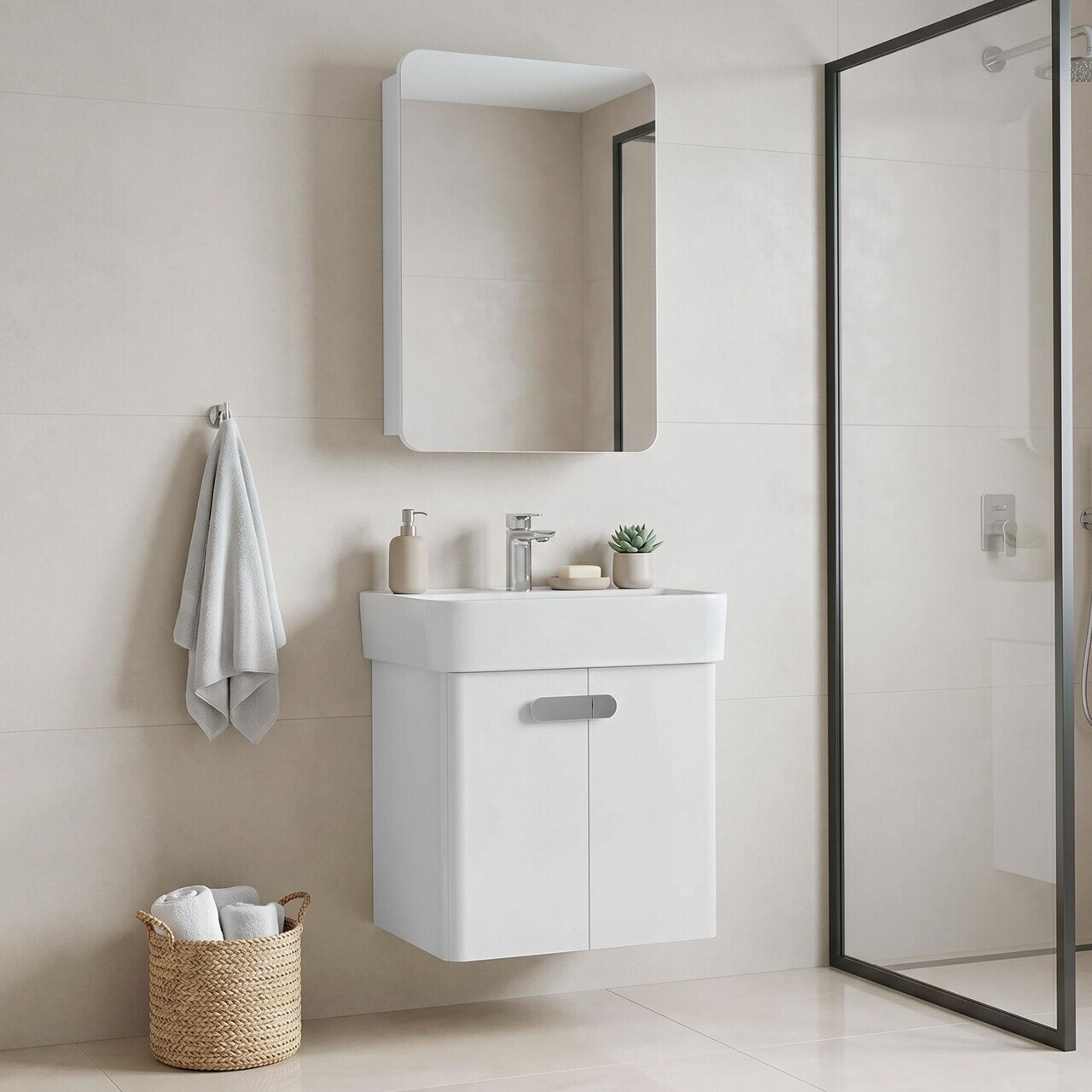 Set Dulap de Baie cu Chiuvetă și Oglindă (2 Piese), Hanah Home, Orbit 55, Alb — imaginea 2