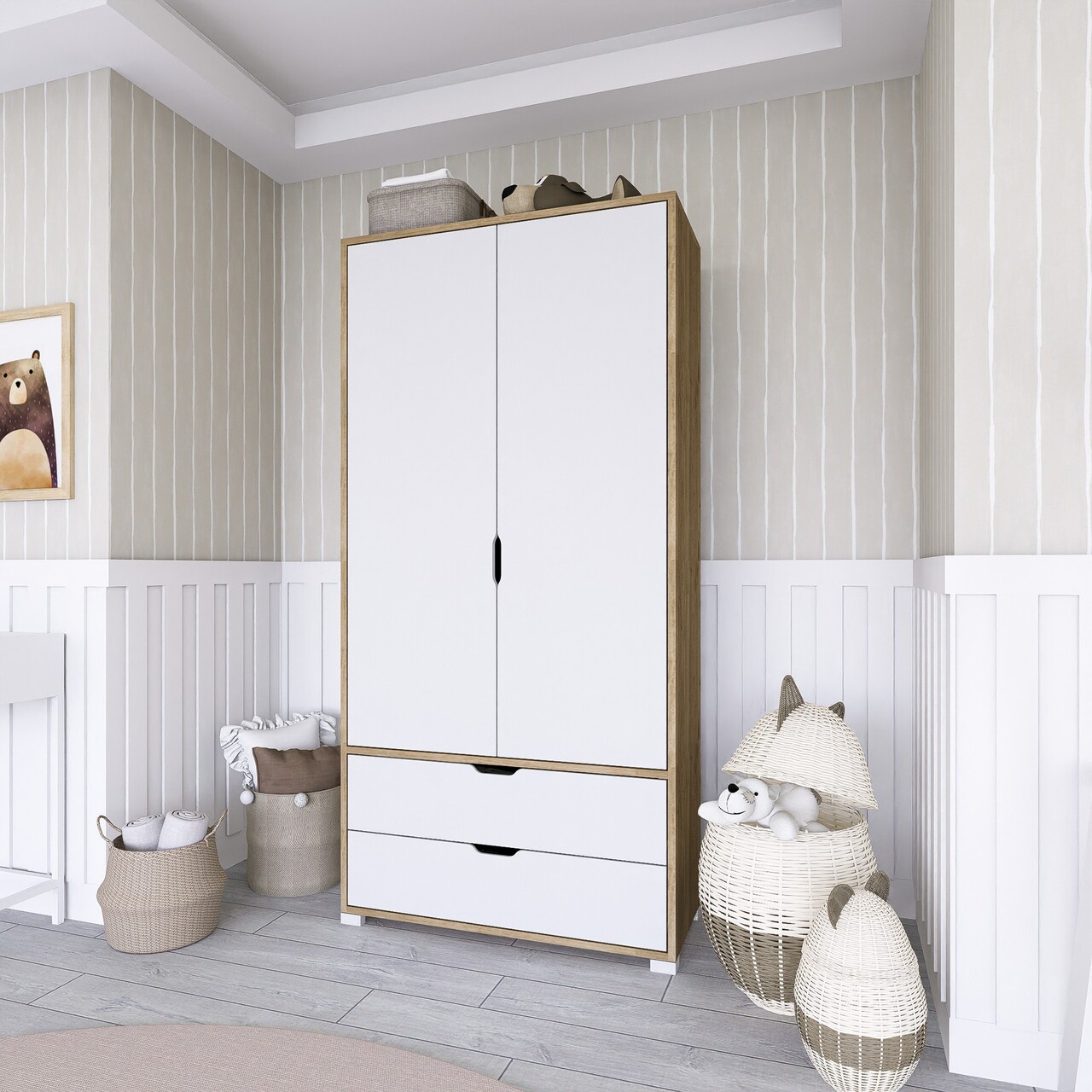 Dulap pentru haine, Miwood, 90 Cm 1600-015, Nuc deschis / Alb - 2 | YEO