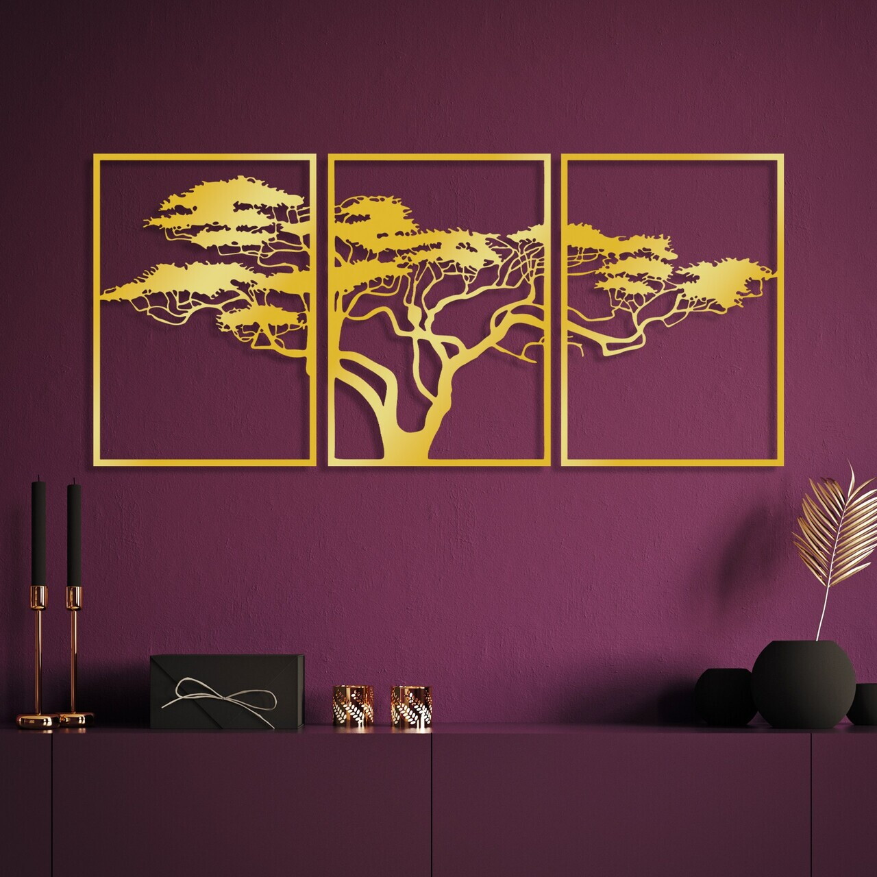 Decoratiune de perete, Golden Triple Tree 6, Dimensiune: 51 x 73 cm (3 bucăți), Auriu — imaginea 2