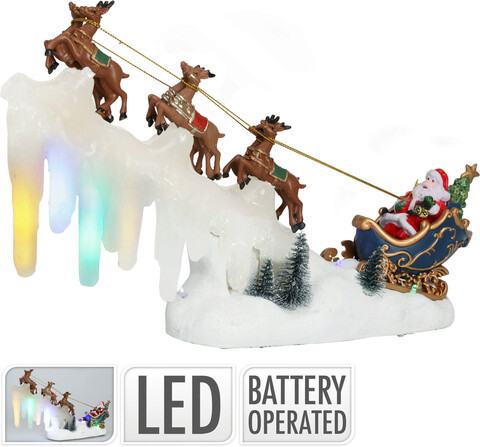 Decoratiune luminoasa Sleigh w Santa and reindeers, 33x8.5x21 cm, poliston