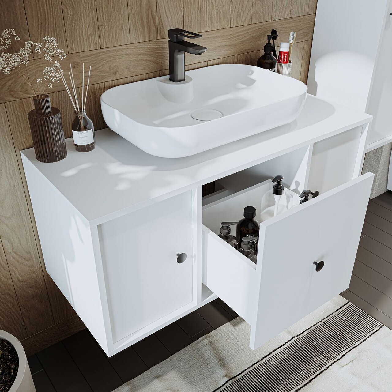 Set Dulap de Baie cu Chiuvetă și Oglindă (2 Piese), Hanah Home, 2568, MDF, Alb — imaginea 5