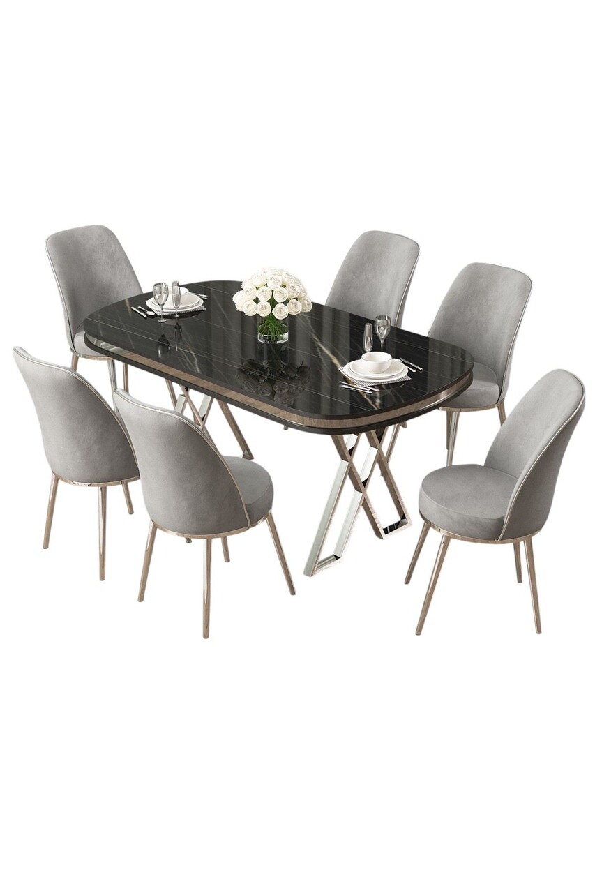 Set masă și scaune (7 piese), Hanah Home, Lai, Marmură neagră / Crom / Gri - imagine 2