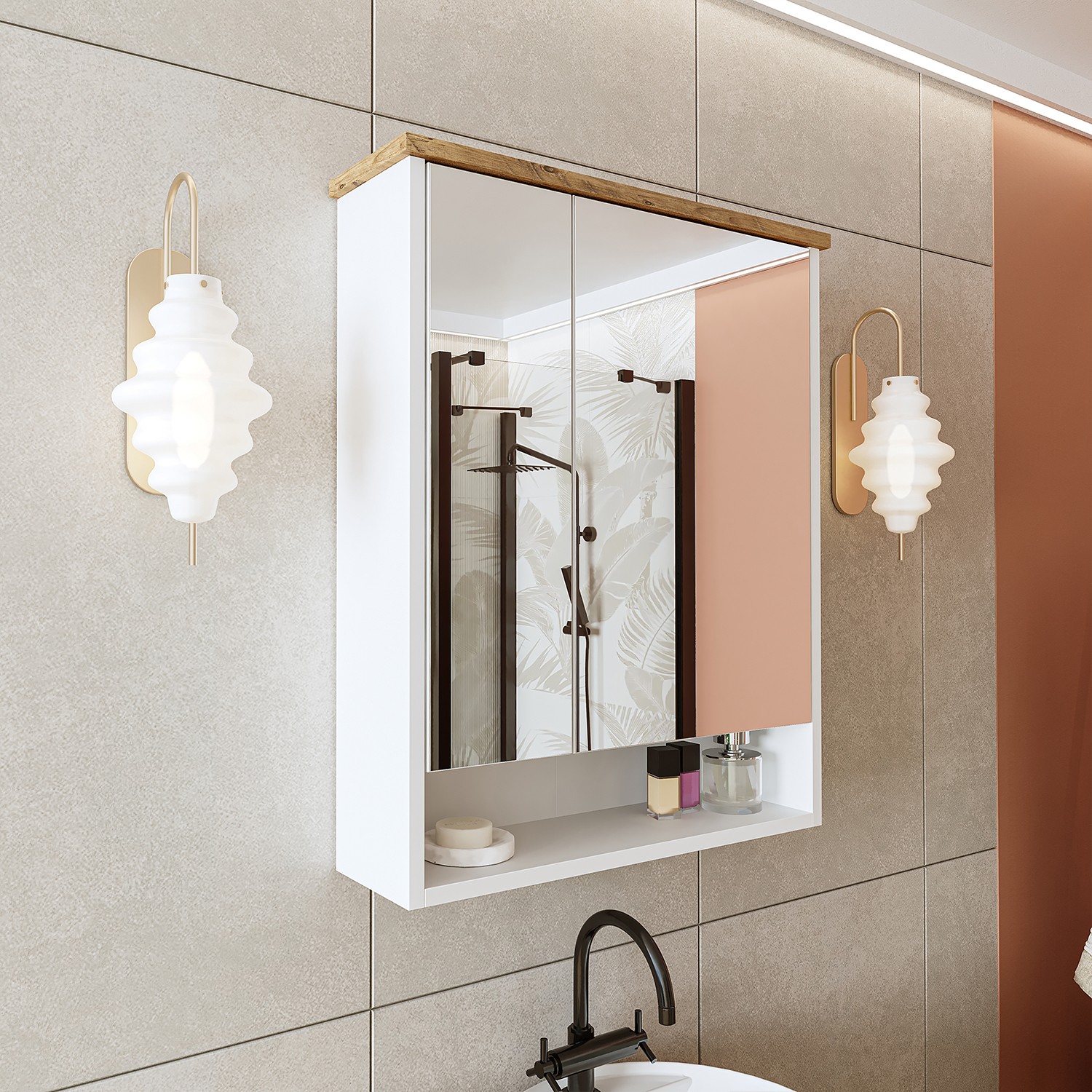 Dulap de baie cu oglindă, Hanah Home, 2180, 62x75x17 cm, MDF-LAM, Alb mat