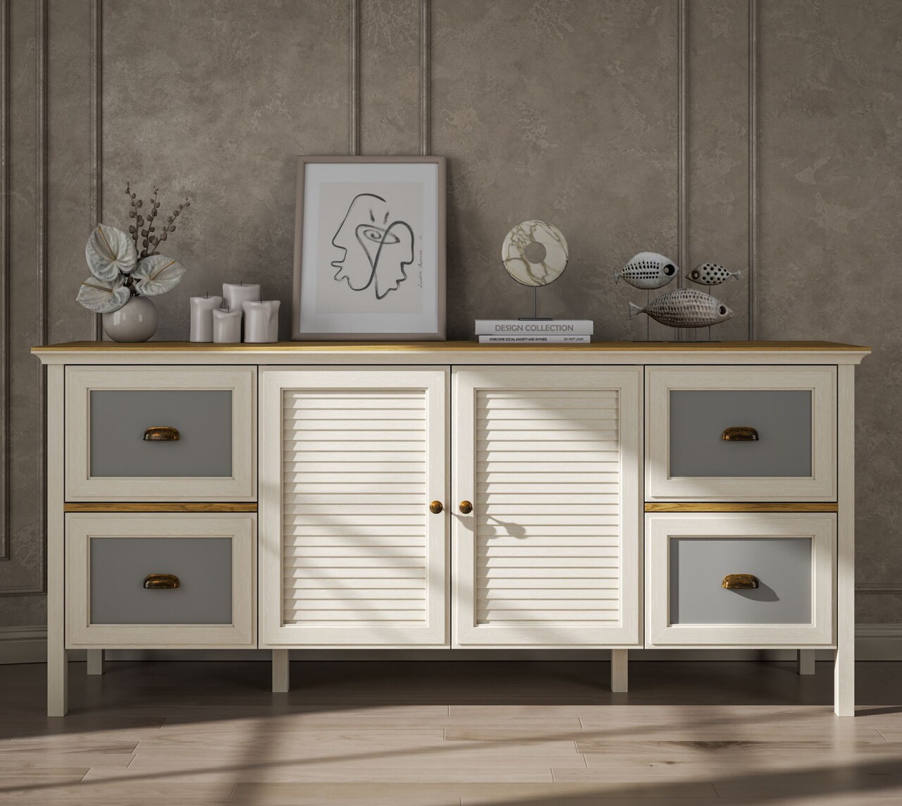 Consola, Hanah Home, FRN-21010, 184.8x82x44 cm, PAL, Crem / Stejar / Gri - view 2