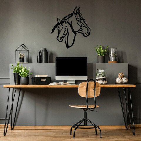 Decoratiune de perete, horses, metal, dimensiune: 70 x 74 cm, negru