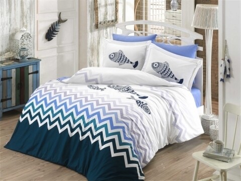 Lenjerie de pat dubla, 4 piese, 100% bumbac poplin, Hobby, Ocean, alb/albastru