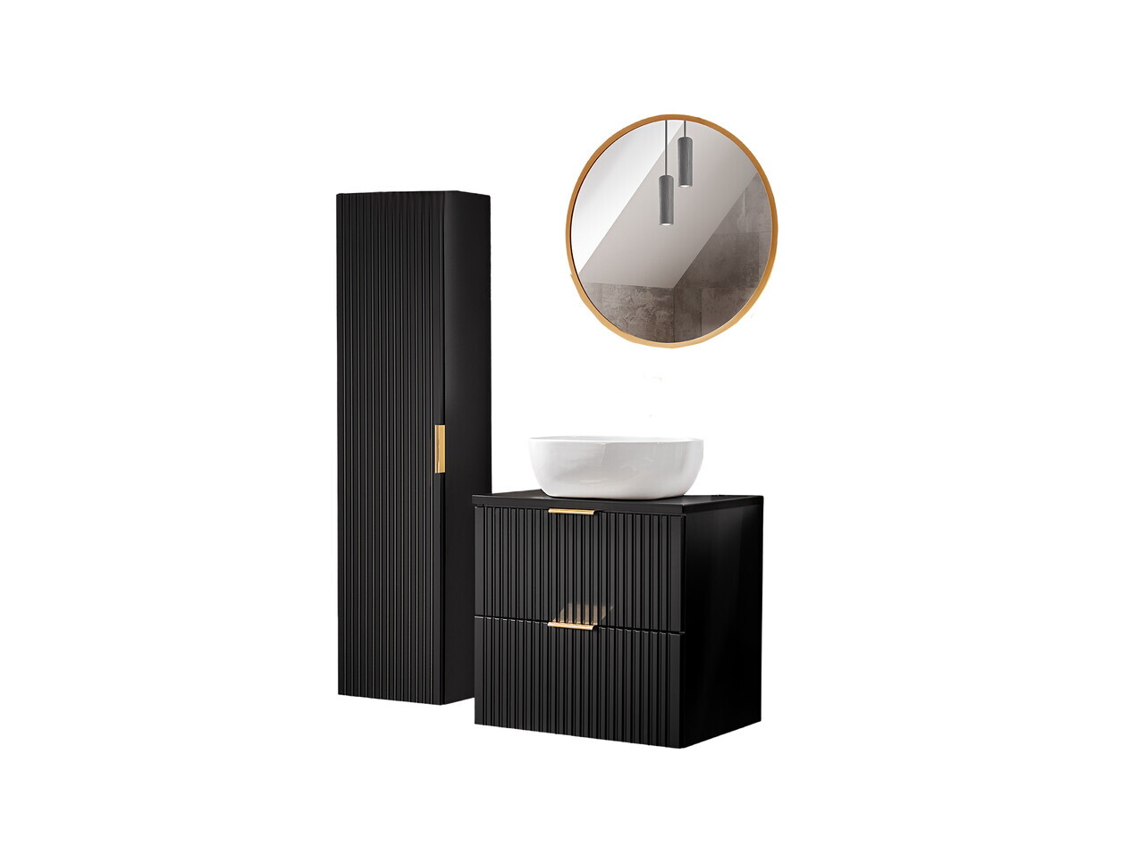 Set mobilier Adel Black Smile 60 cm, dulap inalt, masca cu lavoar si oglinda, Comad, MDF/PAL, negru - view 2