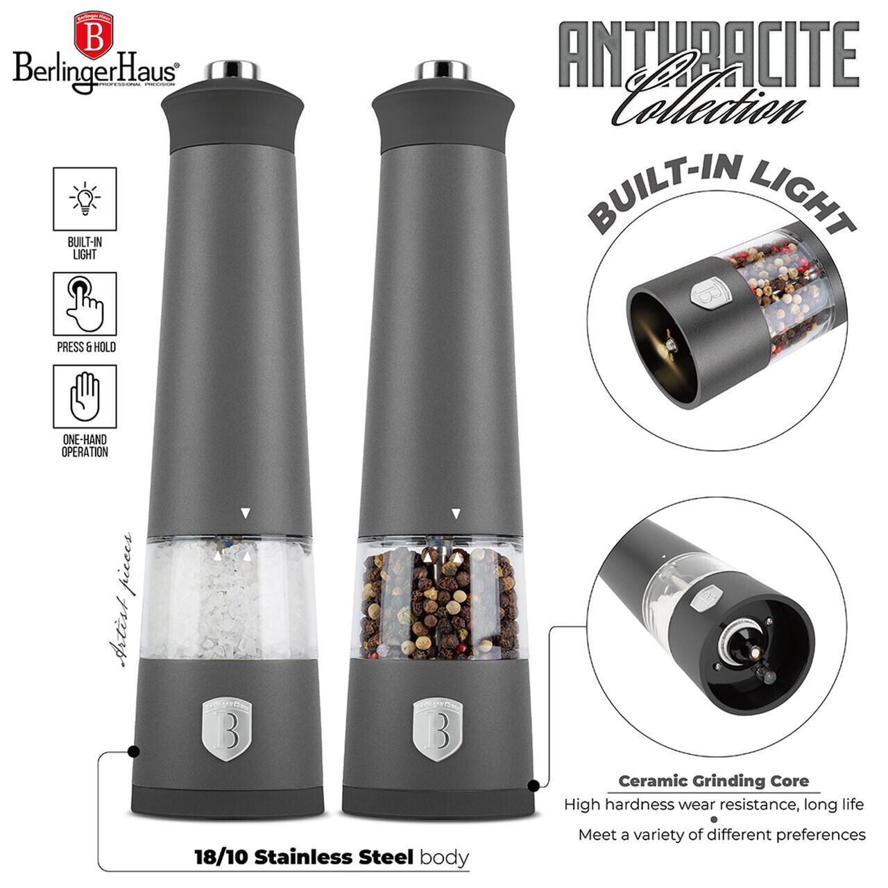 Set 2 rasnite electrice pentru sare/piper Berlinger Haus, Anthracite, inox/ceramica, antracit mat - imagine 7