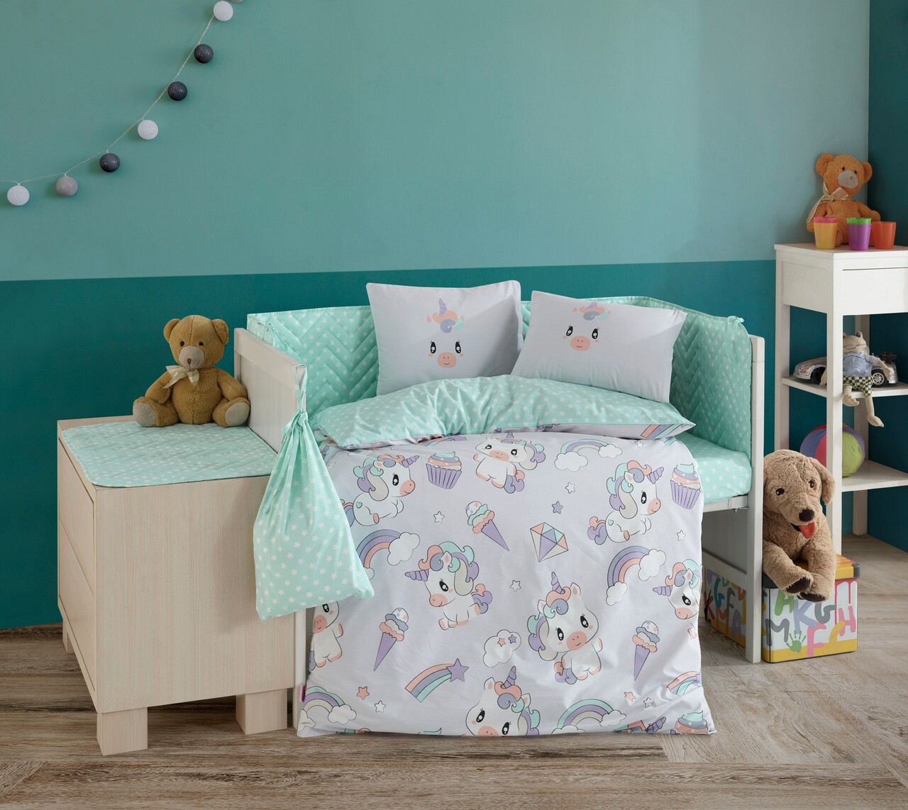 Lenjerie de pat pentru copii 4 piese, Mila - Grey, Hobby, Bumbac Poplin