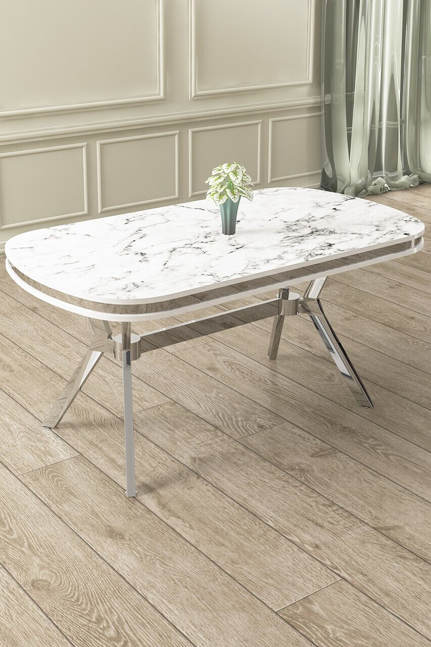 Masa, Hanah Home, Jita, 168x76x90 cm, Model de marmură albă / Crom