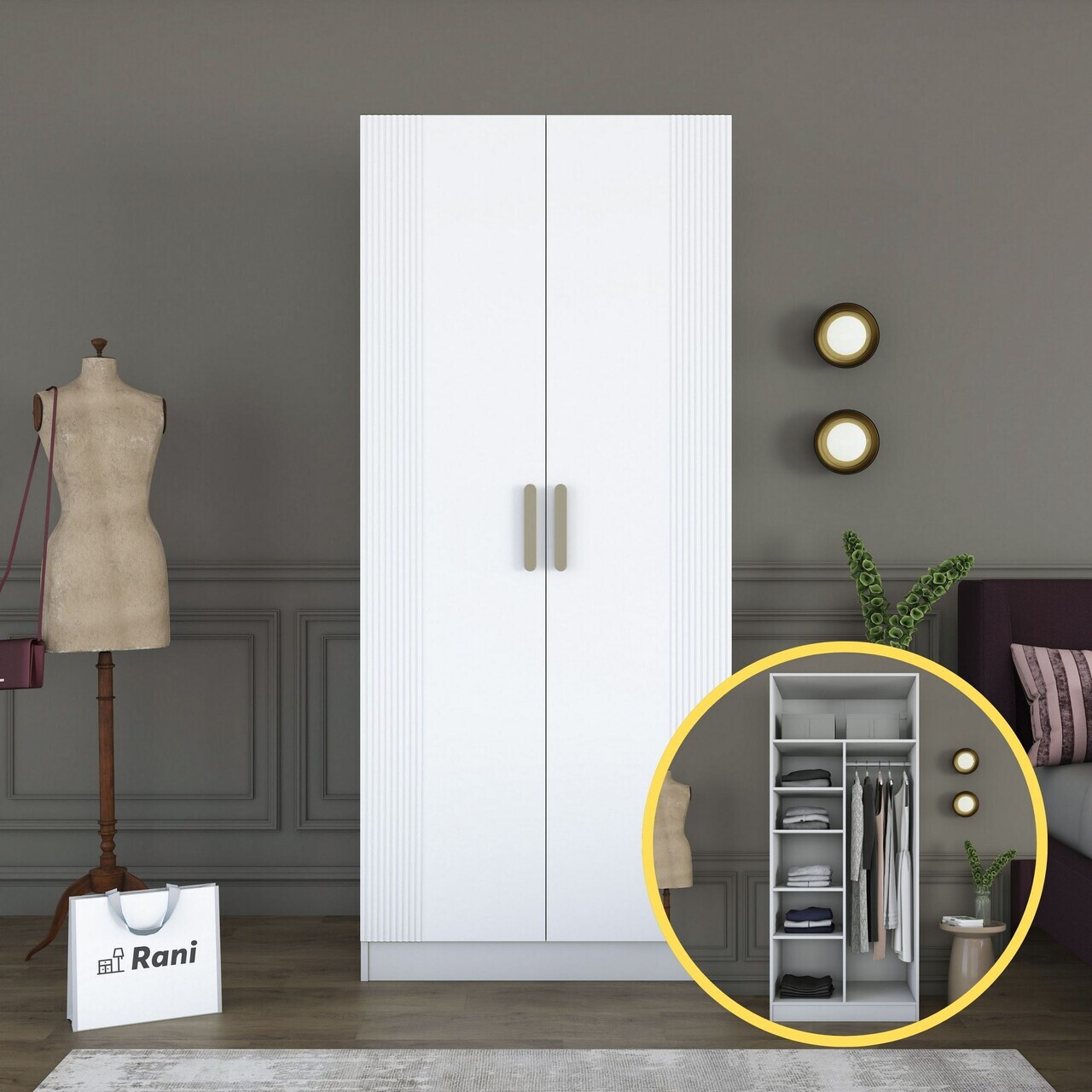 Dulap pentru haine, Hanah Home, BA225, 90x210x57.5 cm, PAL melaminat, Alb - view 3