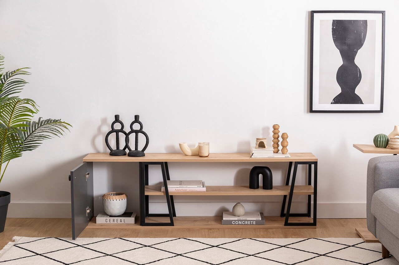 Comoda TV, Arnetti, Lissa Dolapli / Tv Stand, 160x30x48.6 cm, PAL, Safir / Negru - 1 | YEO