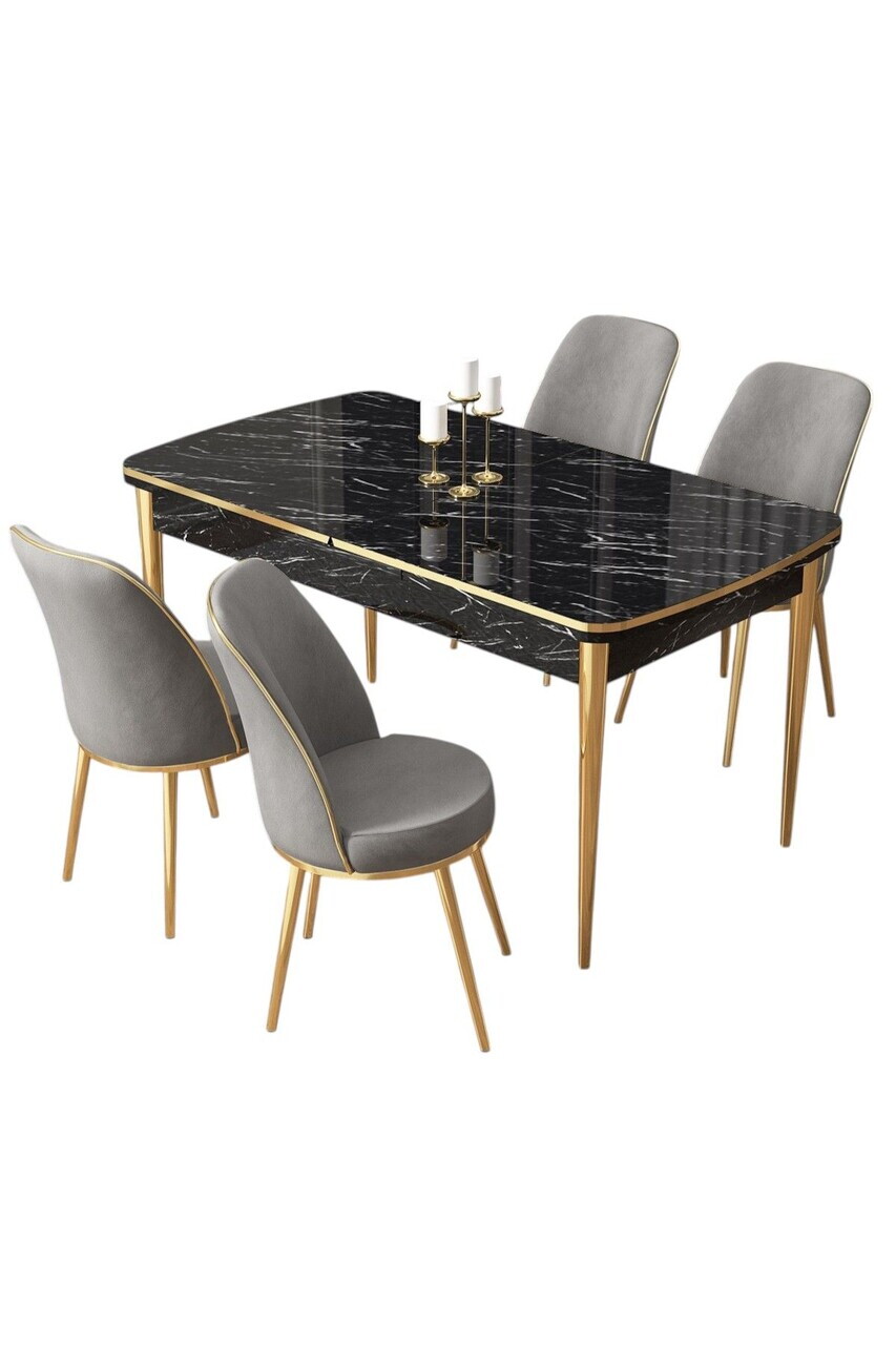 Set masa extensibila si scaune (5 piese), Hanah Home, Pale, Model de marmură neagră / Auriu / Gri — imaginea 2