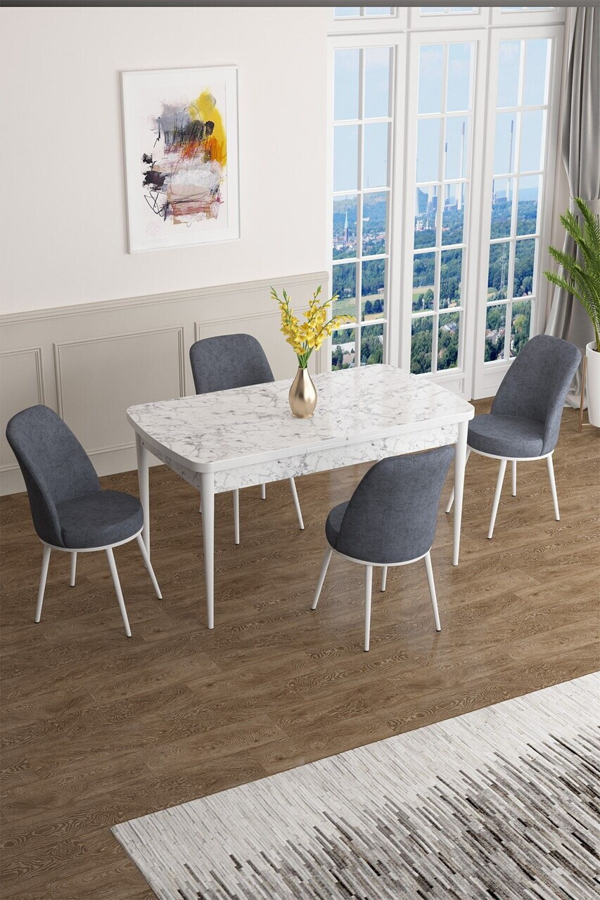 Set masa extensibila si scaune (5 piese), Hanah Home, Han, Model de marmură albă / Afumat