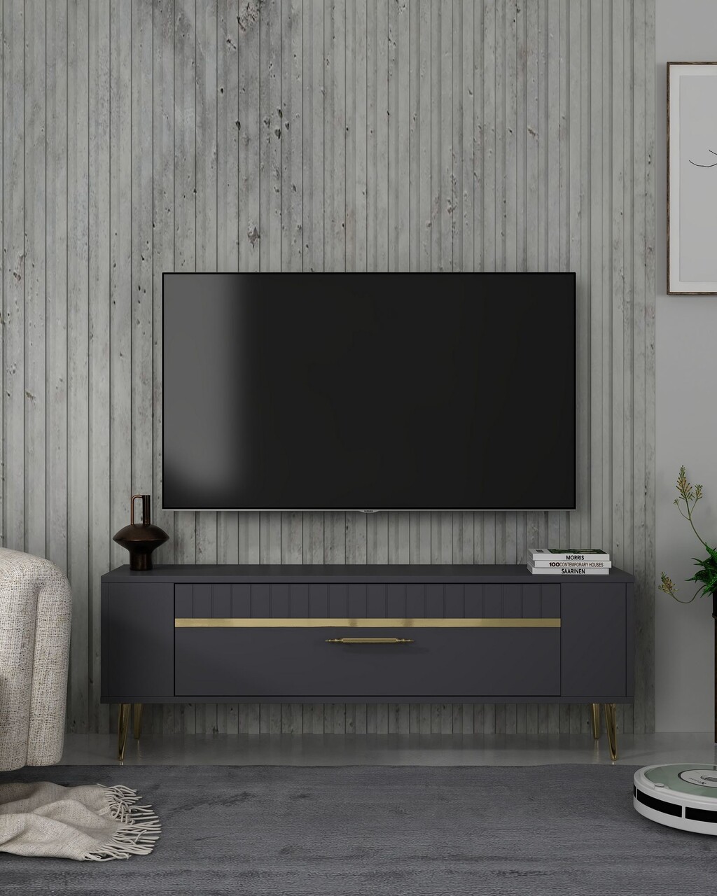 Comoda TV, Olivia, Retrolp1, Antracit / Aur