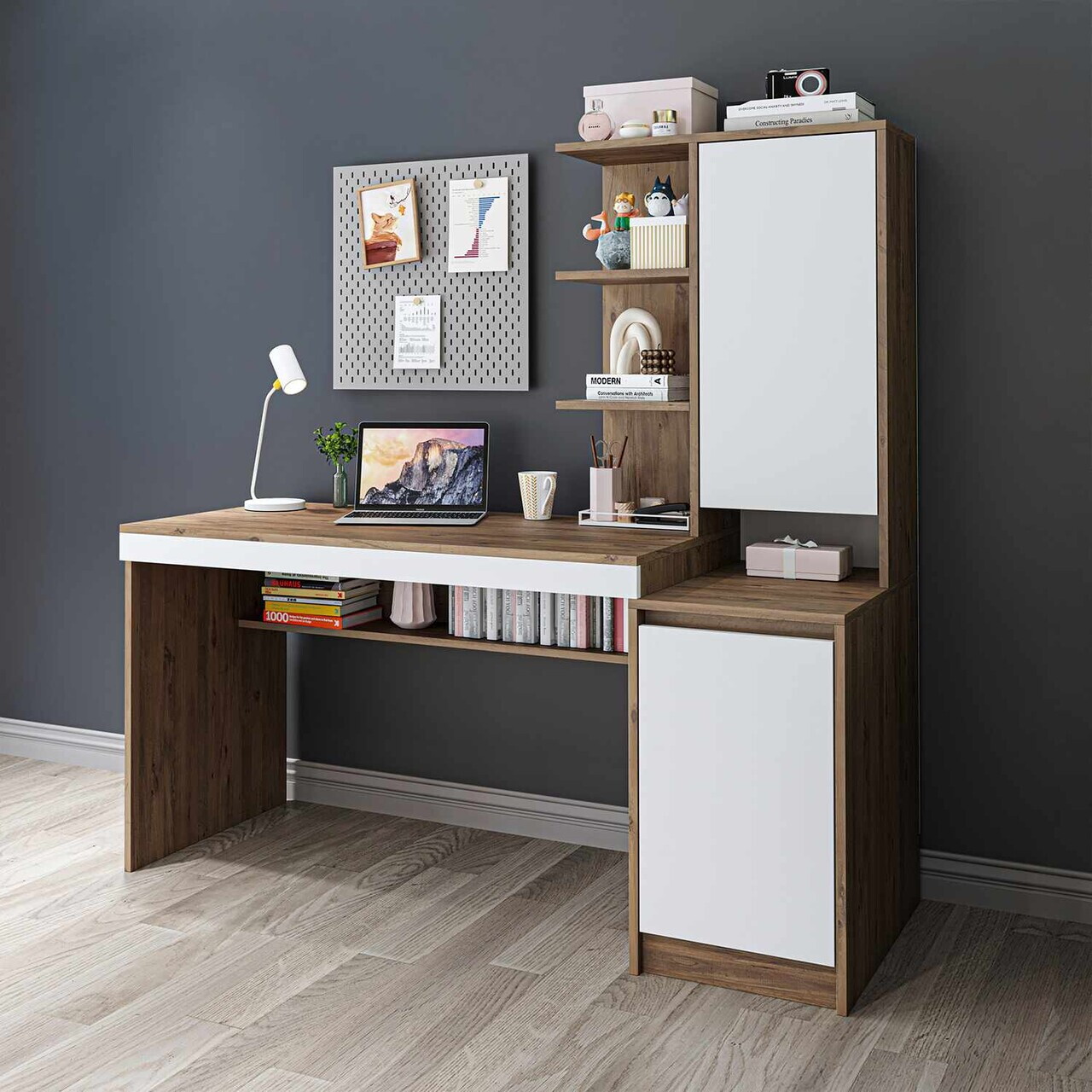 Birou, Hanah Home, Nora Right, 160x157.8x60 cm, PAL, Alb/Pin Atlantic — imaginea 5
