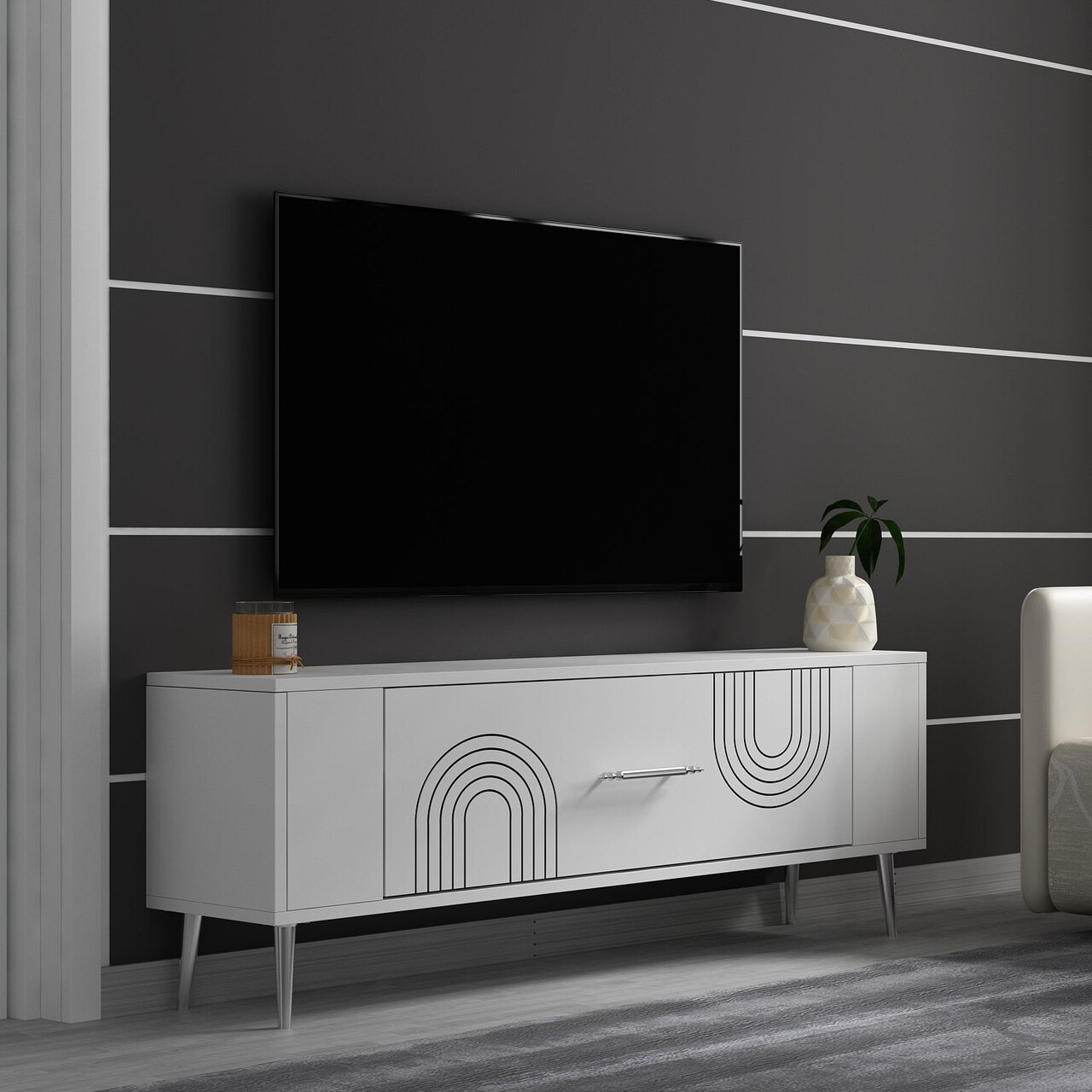 Comoda TV, Olivia, Retrol2, Alb / Argintiu - 1 | YEO