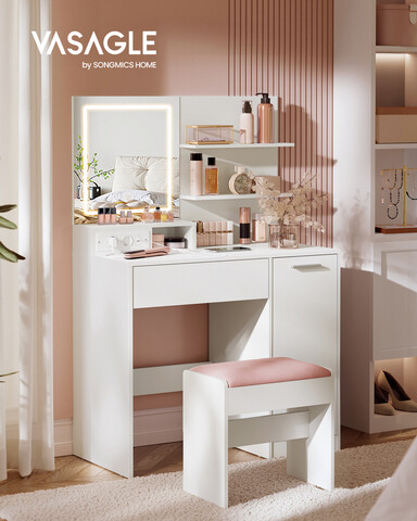 Masa de machiaj cu oglinda LED si priza Kailyn, Vasagle, 80x40x132 cm, PAL, alb