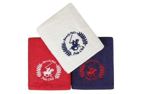 Set 3 prosoape de maini, Beverly Hills Polo Club, 402, 50×90 cm, 100% bumbac, rosu/alb/bleumarin /100