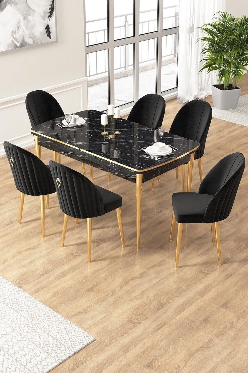 Set masa extensibila si scaune (7 piese), Hanah Home, Edaf, Model de marmură neagră / Auriu / Negru