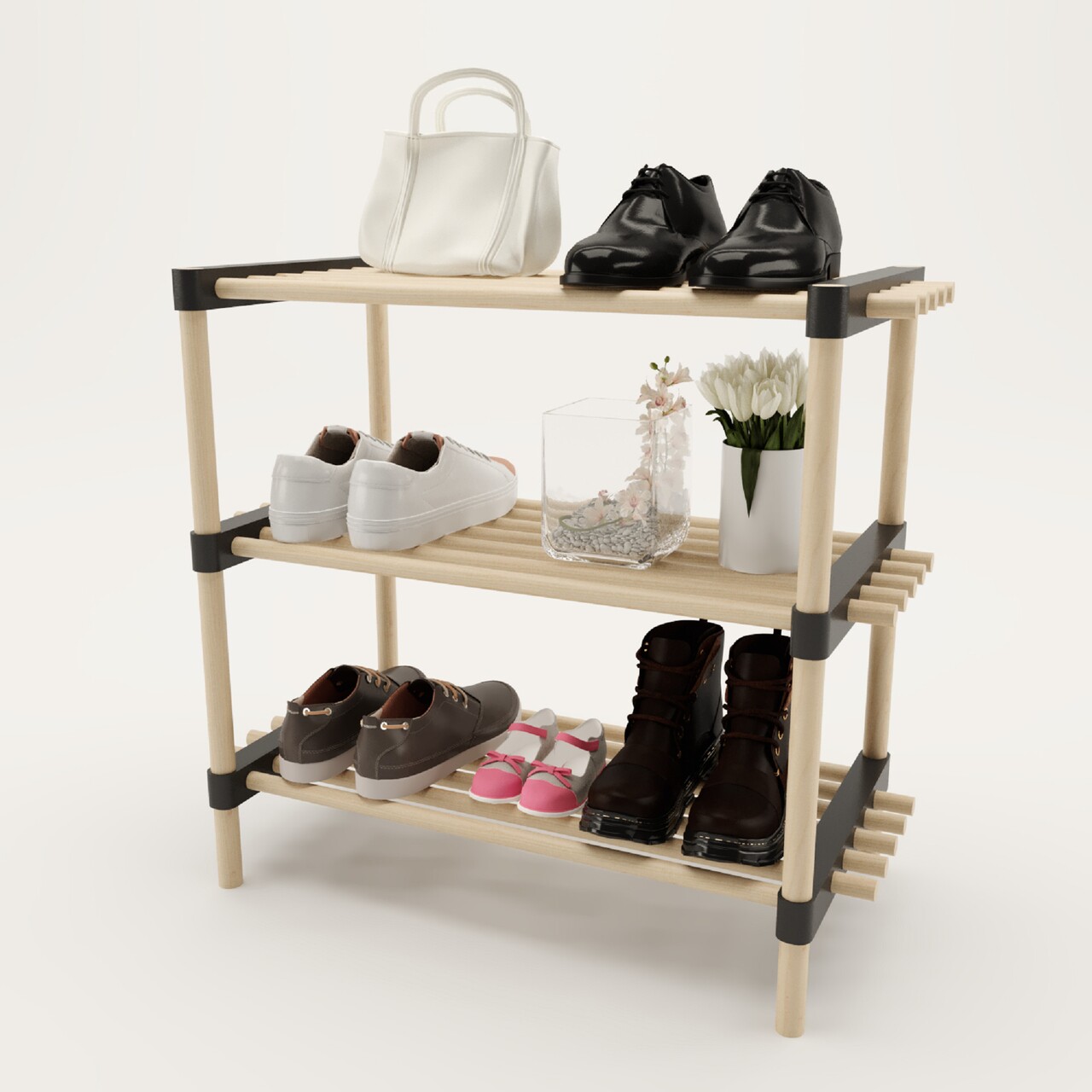 Organizator Multifunctional, Seowood, Cu 3 Rafturi, 50 X 56 X 28 Cm, Lemn Solid, Natur