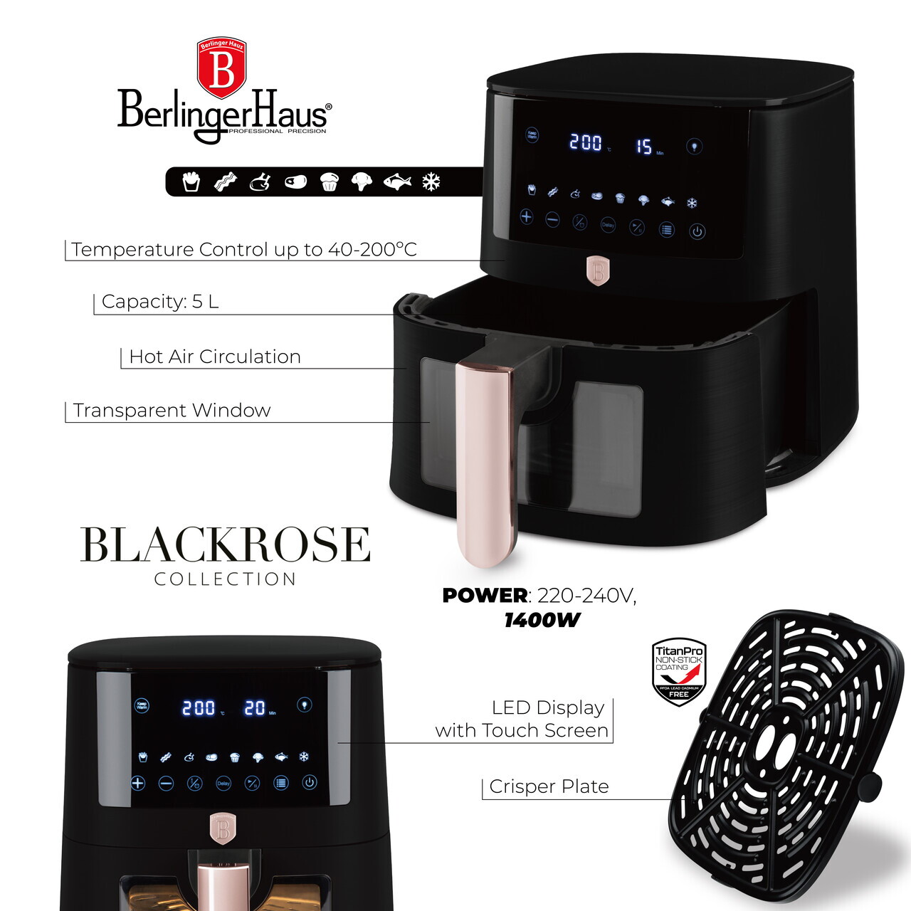 Friteuza cu aer cald si fereastra Berlinger Haus, Black Rose, 5 L, 1400W, negru - imagine 8