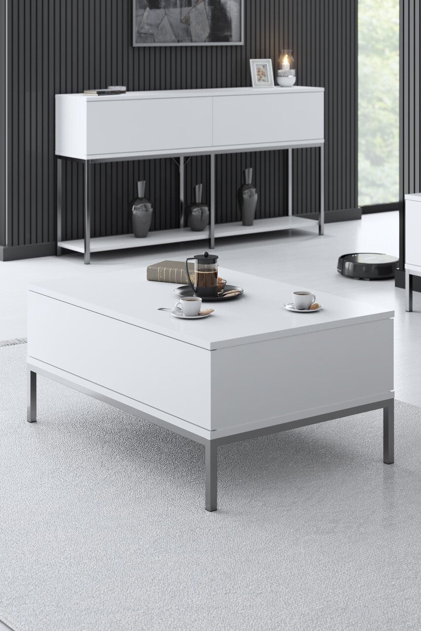Masuta de cafea, Bexley, Lord, 90x40x60 cm, PAL, Alb / Argintiu