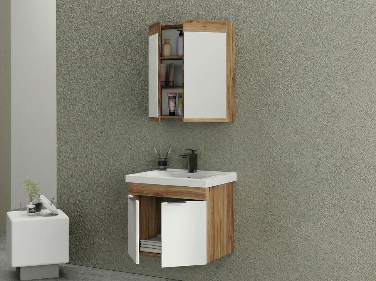 Set mobilier de baie (2 piese), Hanah Home, Carıno 65, Pin / Alb Mat - view 3
