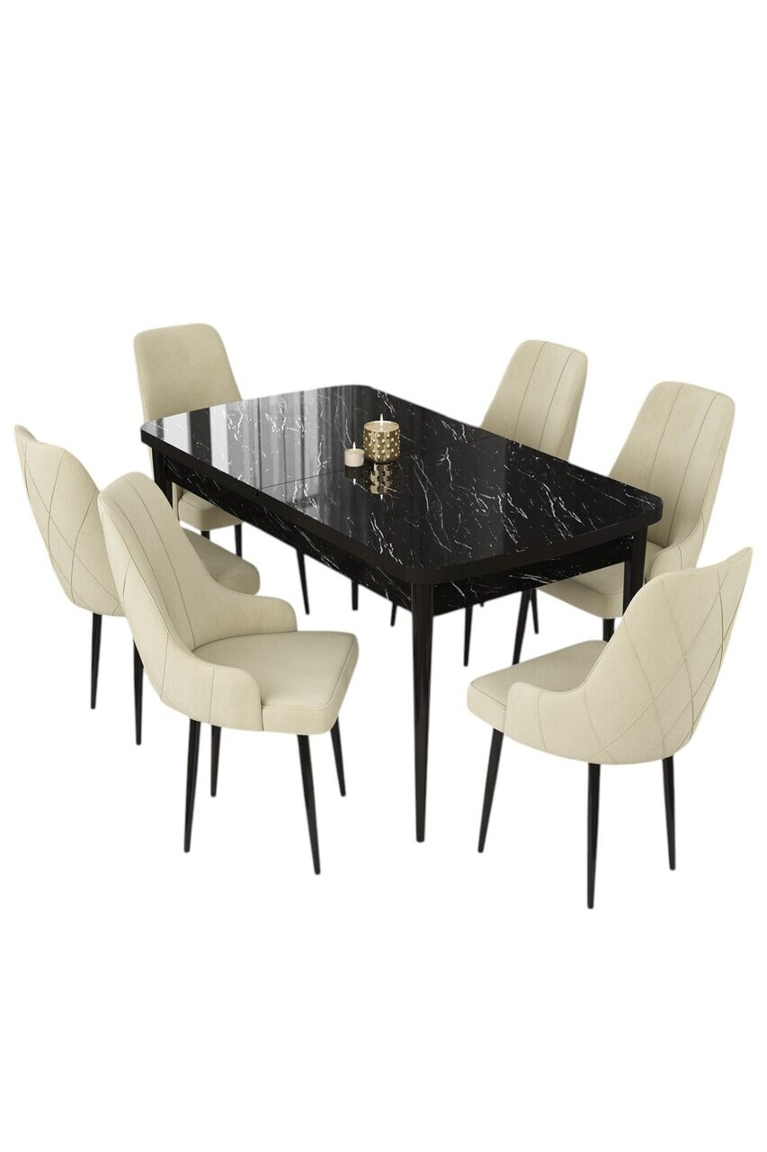 Set masa extensibila si scaune (7 piese), Hanah Home, Eta, Model de marmură neagră / Crem — imaginea 2