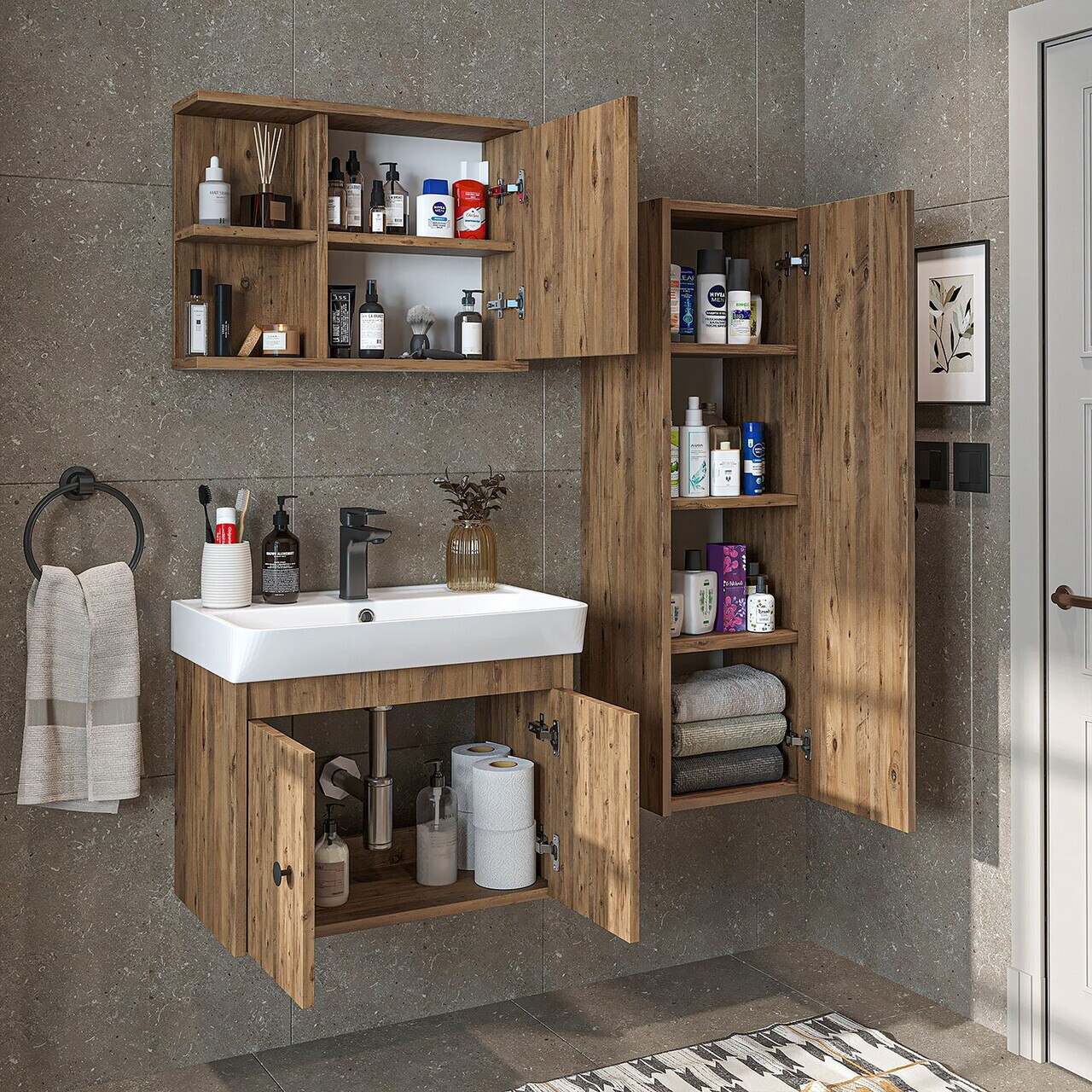 Set Dulap de Baie cu Chiuvetă și Oglindă (3 Piese), Hanah Home, 2867, PAL MELAMINAT, Maro — imaginea 3