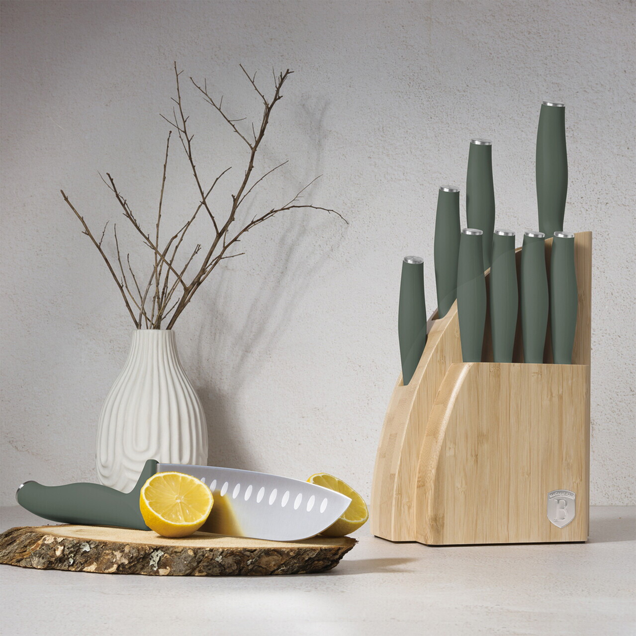 Set 9 cutite cu suport Berlinger Haus, Matte Green, inox/bambus, verde mat/natur - imagine 10