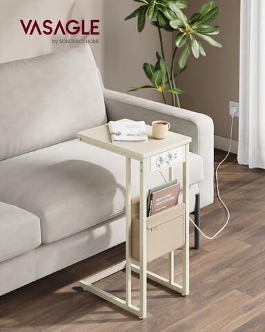 Masuta laterala C Shape, Vasagle, cu priza si porturi USB, 40x30x62 cm, PAL/otel, alb crem