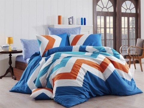 Lenjerie de pat dubla, 4 piese, amestec bumbac, Nazenin Home, Kendy Blue, alb/albastru/portocaliu