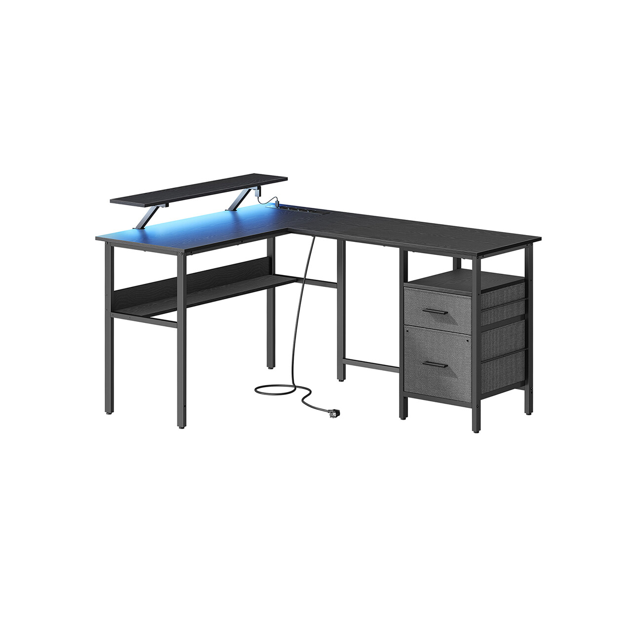 Birou in forma de L / birou de colt, Vasagle, Gaming Desk, cu suport monitor, sertare, priza incorporata si porturi USB, 120x150x89 cm, PAL/otel, negru