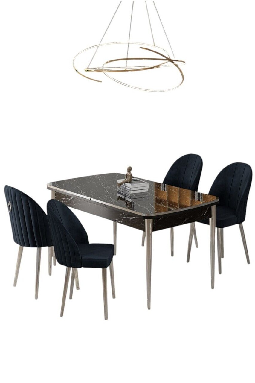 Set masa extensibila si scaune (5 piese), Hanah Home, Rada, Model de marmură neagră / Crom / Antracit — imaginea 2