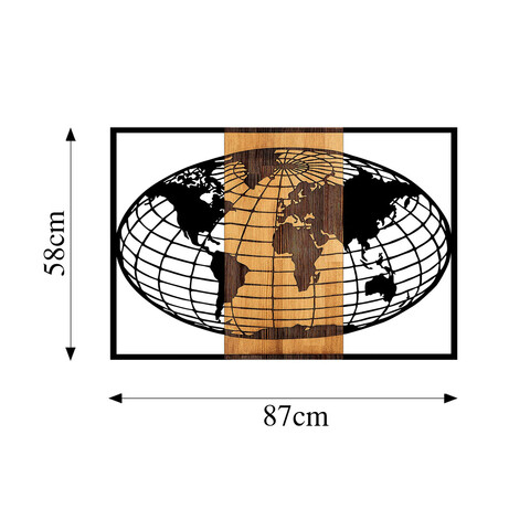 Decoratiune de perete, World Map, 50% lemn/50% metal, Dimensiune: 87 x 3 x 58 cm, Nuc negru