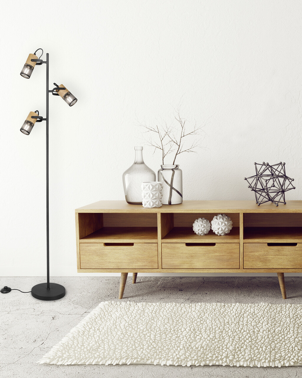 Lampadar Tosh, TRIO, 23x150 cm, 15W, 3x E14, metal, negru mat/natur