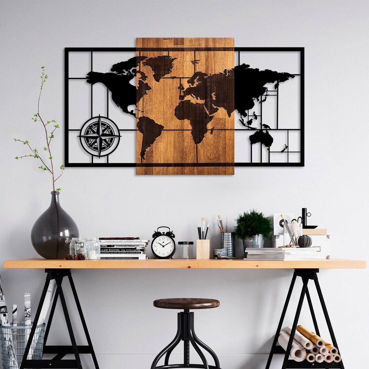 Decoratiune de perete, World Map 1-L, Dimensiuni: 70 x 121 cm, Nuc / Negru - view 2