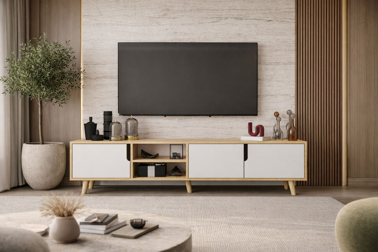 Comoda TV, Hanah Home, Latina 180, 180x30x53 cm, PAL MELAMINAT, Stejar Safir / Alb — imaginea 4