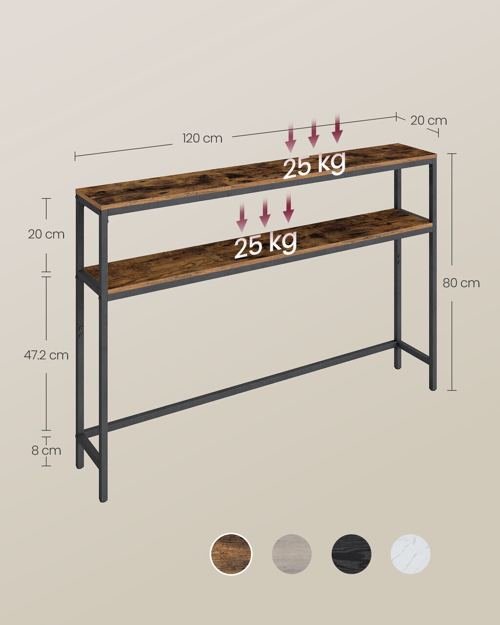 Consola cu 2 rafturi, Vasagle, 120x20x80 cm, PAL/otel, maro rustic/negru - imagine 6