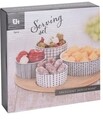 Set 4 boluri pentru gustari si tava rotunda Geometric, portelan, alb/negru