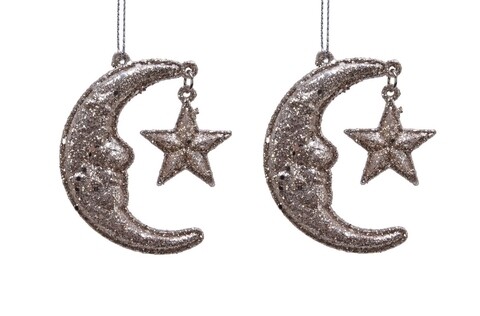 Set 2 decoratiuni pentru brad Moon with star, Decoris, 1x4.5x6.5 cm, plastic, auriu