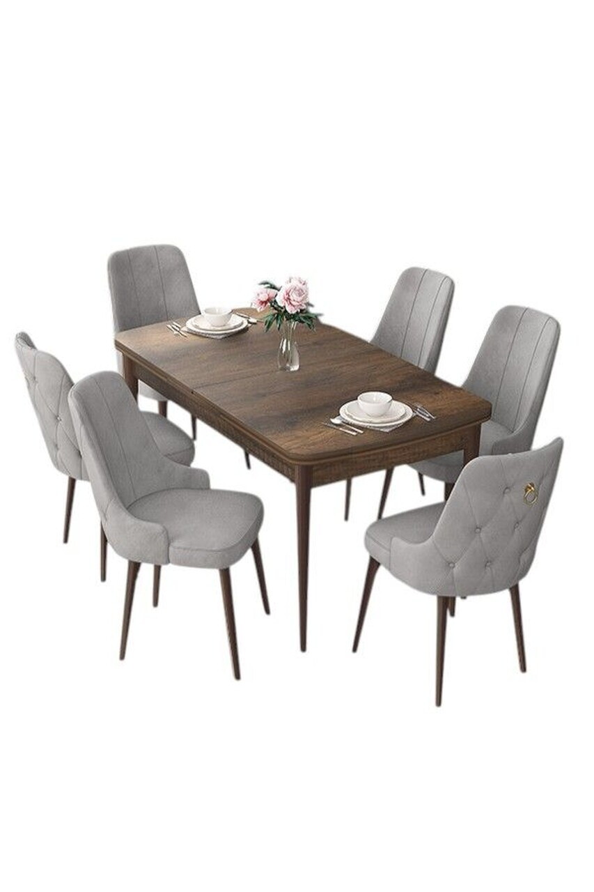 Set masa extensibila si scaune (7 piese), Hanah Home, Nex, Model baroc din lemn / Gri — imaginea 2