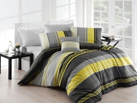 Lenjerie de pat pentru o persoana, 3 piese, amestec bumbac, Nazenin Home, Zigo Yellow, gri/galben