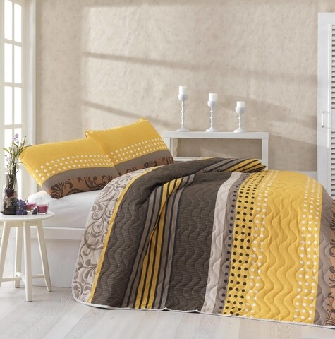 Set cuvertura de pat dubla matlasata, Eponj Home, Miranda Yellow, 3 piese, 65% bumbac, 35% poliester, multicolor